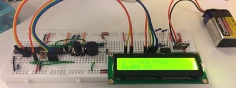 The Final DMM Design implemented on Breadboard for better understanding. Consist of Central Processing Unit(CPU), Power Control Unit(PCU) and LCD Display "Final DMM Design Skeleton on breadboard"