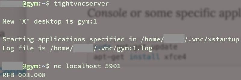 Success initialization of the VNC Server. Port `5901` returns value meaning it is listening and `RFB` indicates our server is up and running init vnc