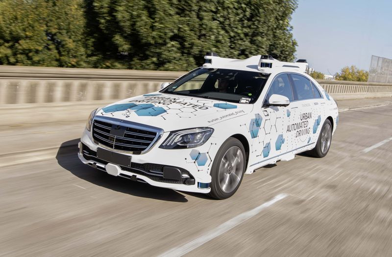 Mercedes-Benz S-Class automated vehicle from the Ride-hailing service pilot program. More in thumbnail video "Mercedes-Benz S-Class automated vehicle Ride-hailing service"