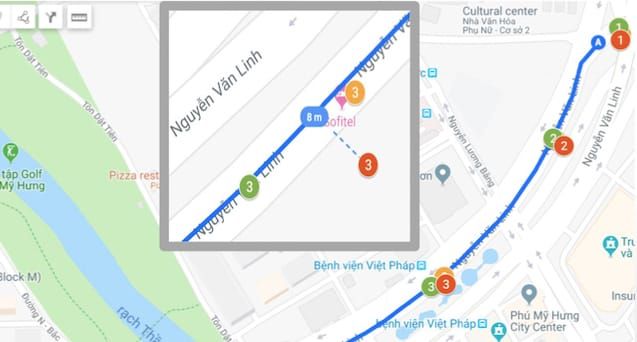 On Freeway with almost no tall building and trees, the Raw Geolocation data is slightly off at only 26ft (8m) but still can be improved as in the case of Filtered Digitally and Roads API suburban accuracy