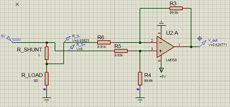 High-side Current Sensing Simulation using measured value with Shunt Resistor and LM358 Operational Amplifier "High-side Current Sensing simulation"