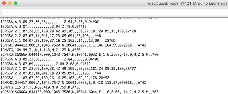 Actual geolocation data stream from GPS receiver to a microcontroller within the Arduino Leonardo board. rawGPS arduino