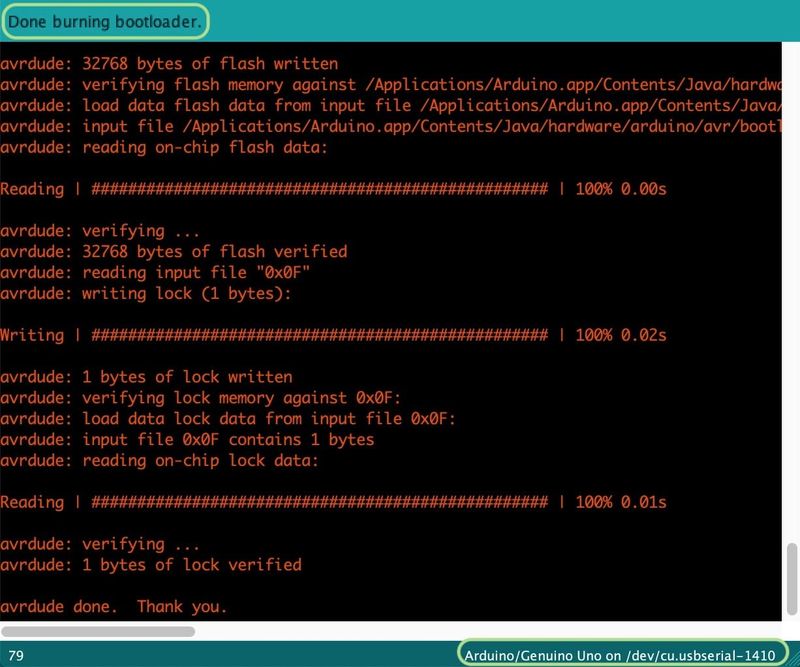 Successfully bootloaded a `Target` Arduino Uno (ATmega328p) using a `Programmer` Arduino Mega (ATmega2560) procedure done