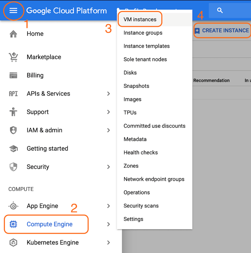 Four steps to navigate VM Instance Manager section step1