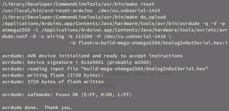 Output of Compile-and-Upload command `make upload` using PySerial to trigger reset make upload